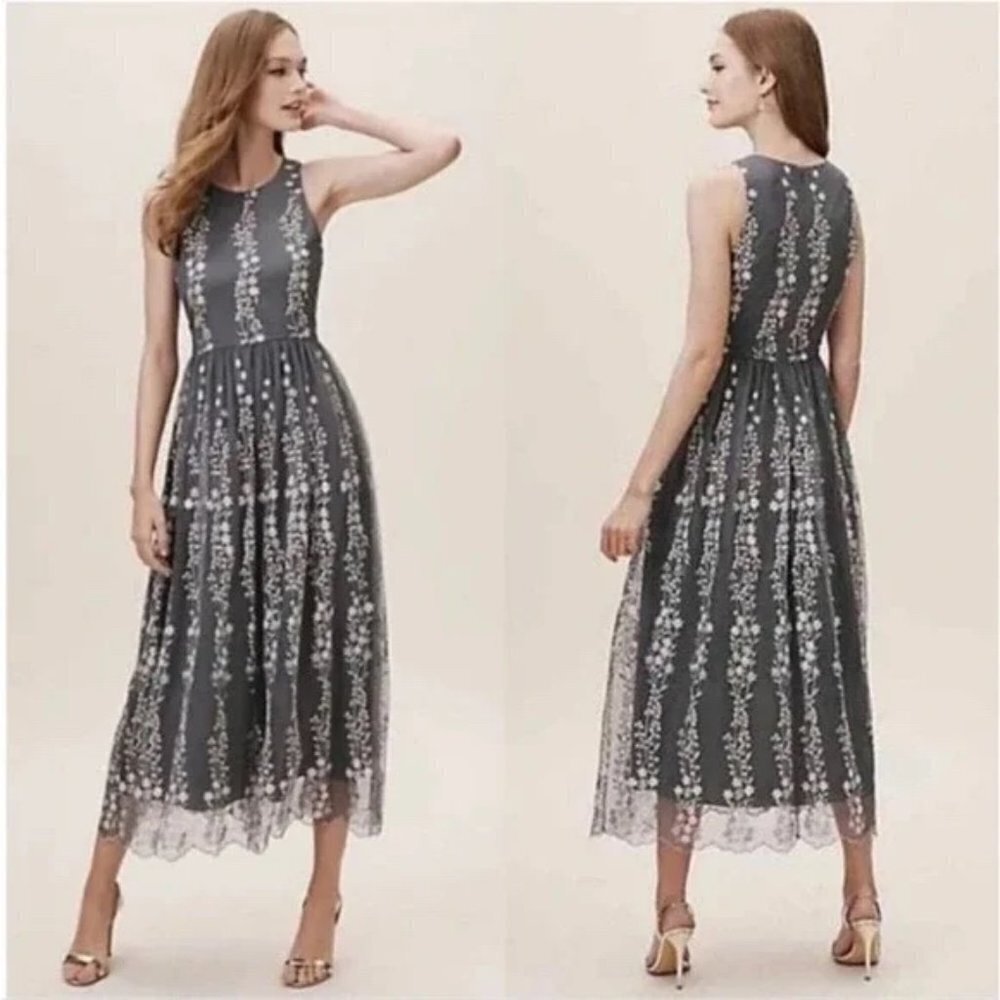 BHLDN ANTROPOLOGIE Floral Embroidered Gray Tulle‎ Parsons Dress - Size 18